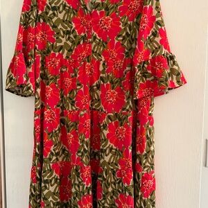 Floral Midi Dress in Red and Olive - Tiered Sleeve Midi Dress